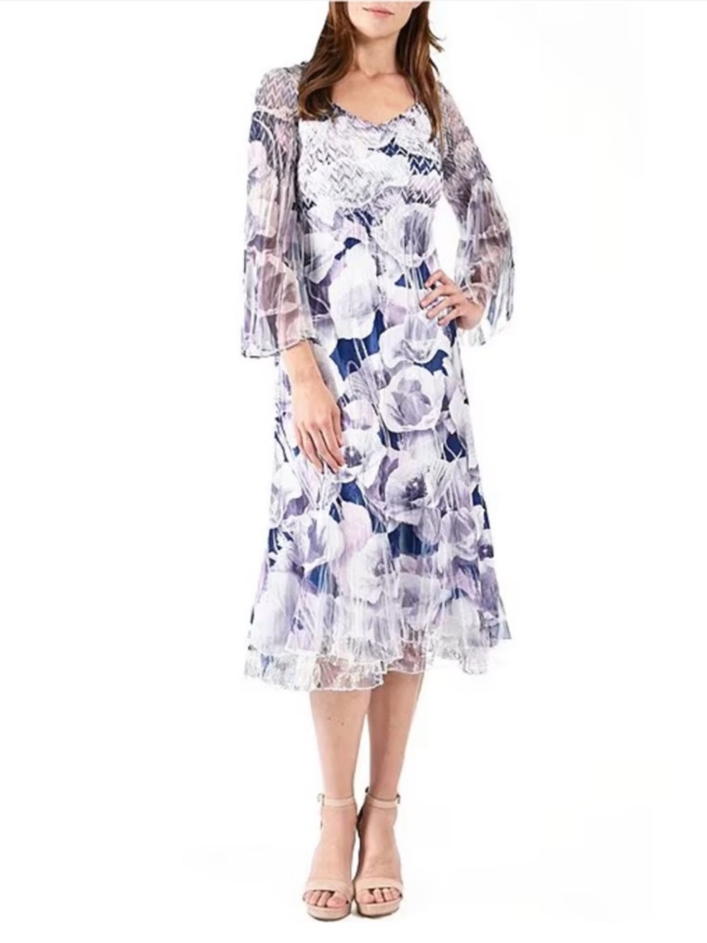 NWT Komarov Pleated Floral V-Neck 3/4 Wide Chiffon Sleeve
Layered Hem Dress
